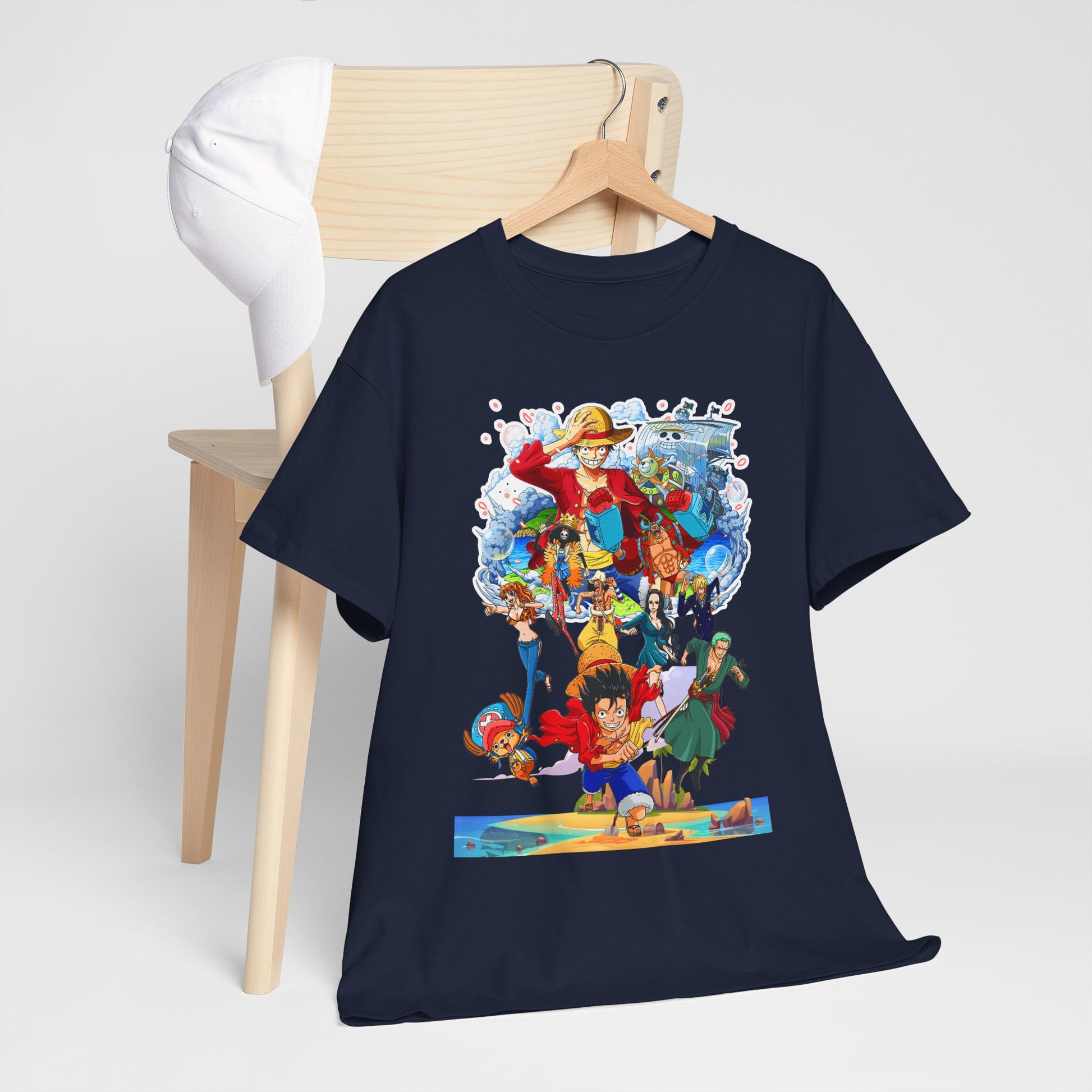 Stylishly displayed navy men's t-shirt with a captivating anime character design, complemented by a chic white cap, suitable for fashionable casual outings.