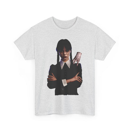 Wednesday and Thing Graphic Unisex Graphic Tee Shirt showcasing a striking illustration of Wednesday Addams with her hand companion, Thing, set against a soft grey background, embodying a blend of elegance and playful macabre.