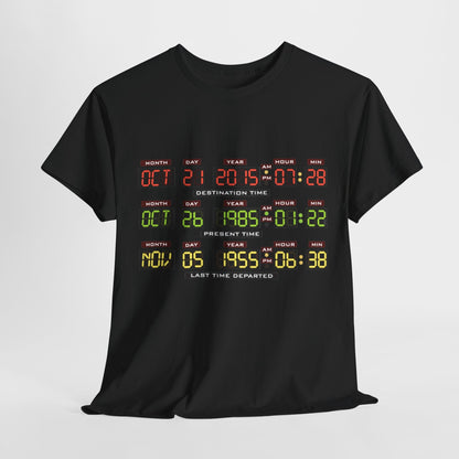 Back To The Future control panel Unisex Men's Women's Graphic T Shirt Tee showcasing a unique digital display design with vibrant time indicators for a stylish homage to the iconic film.