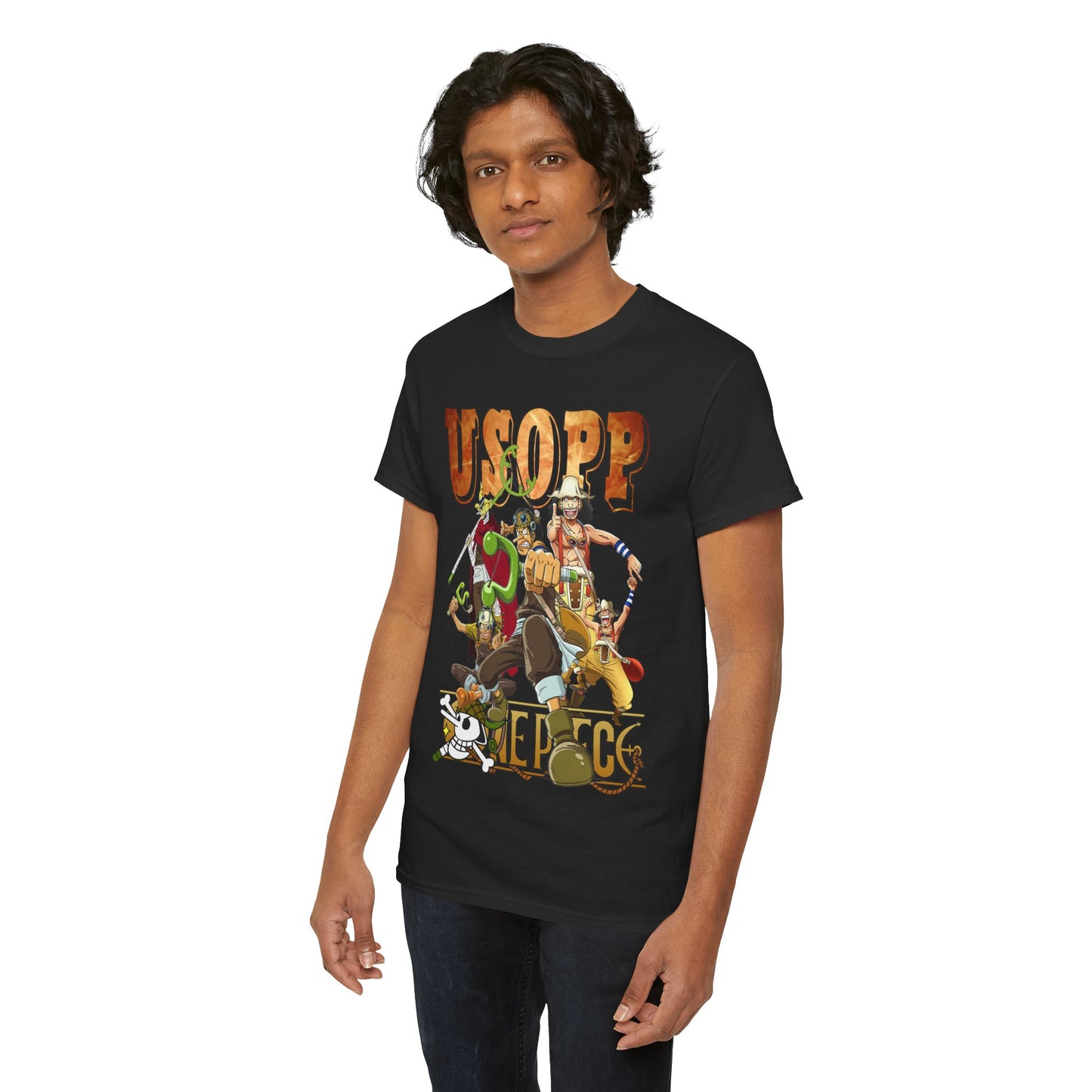 Trendy male model in a Usopp graphic tee, depicting iconic characters in striking colours, perfect for those who appreciate anime fashion.
