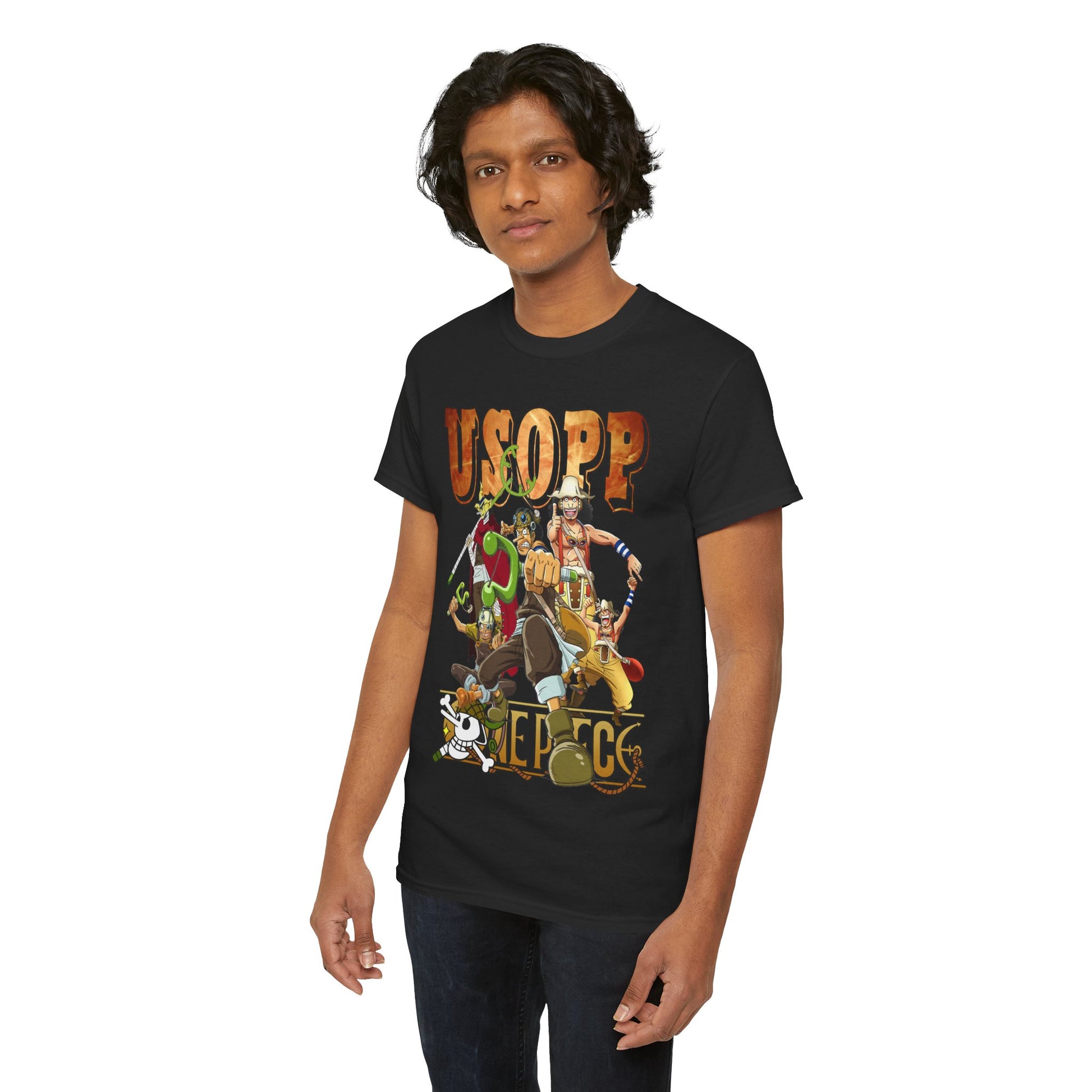 Trendy male model in a Usopp graphic tee, depicting iconic characters in striking colours, perfect for those who appreciate anime fashion.