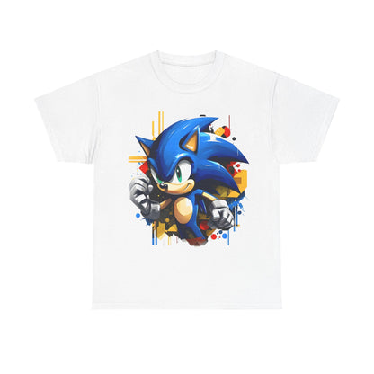 Sonic The Hedgehog Unisex Graphic Tee - Vibrant Art Tee Featuring Iconic Hedgehog Design in white, displaying Sonic in a dynamic pose with a backdrop of geometric patterns.