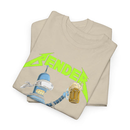Bender And Beer For All Funny Graphic Unisex T Shirt folded, highlighting a playful design with a blue robot and beer that combines elements of Futurama and heavy metal aesthetics.