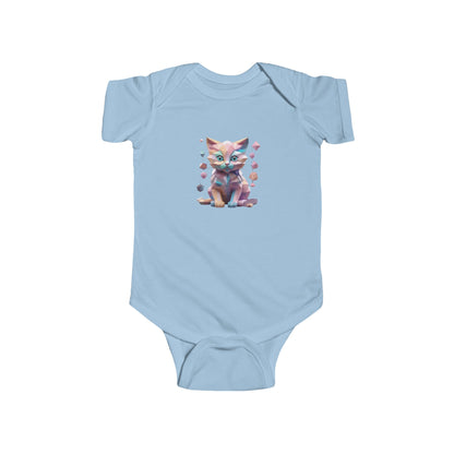 Kitten Bodysuit in soft blue showcasing a charming kitten graphic, ideal for adding whimsy to any baby's wardrobe, offered in five elegant shades.