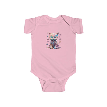 Kitten Bodysuit in delicate pink, adorned with an adorable geometric kitten illustration, a perfect blend of comfort and style for discerning parents, available in five beautiful hues.