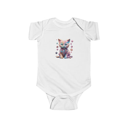 Kitten Bodysuit in classic white, featuring an elegant kitten design, designed for practicality and style, available in five sophisticated colours for infants.