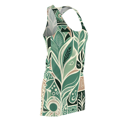 The Thea Sinclair Racerback Dress by Dazzling Dreams Studio featuring a modern block print design in calming pastel green, showcasing its elegant fabric and organic shapes.