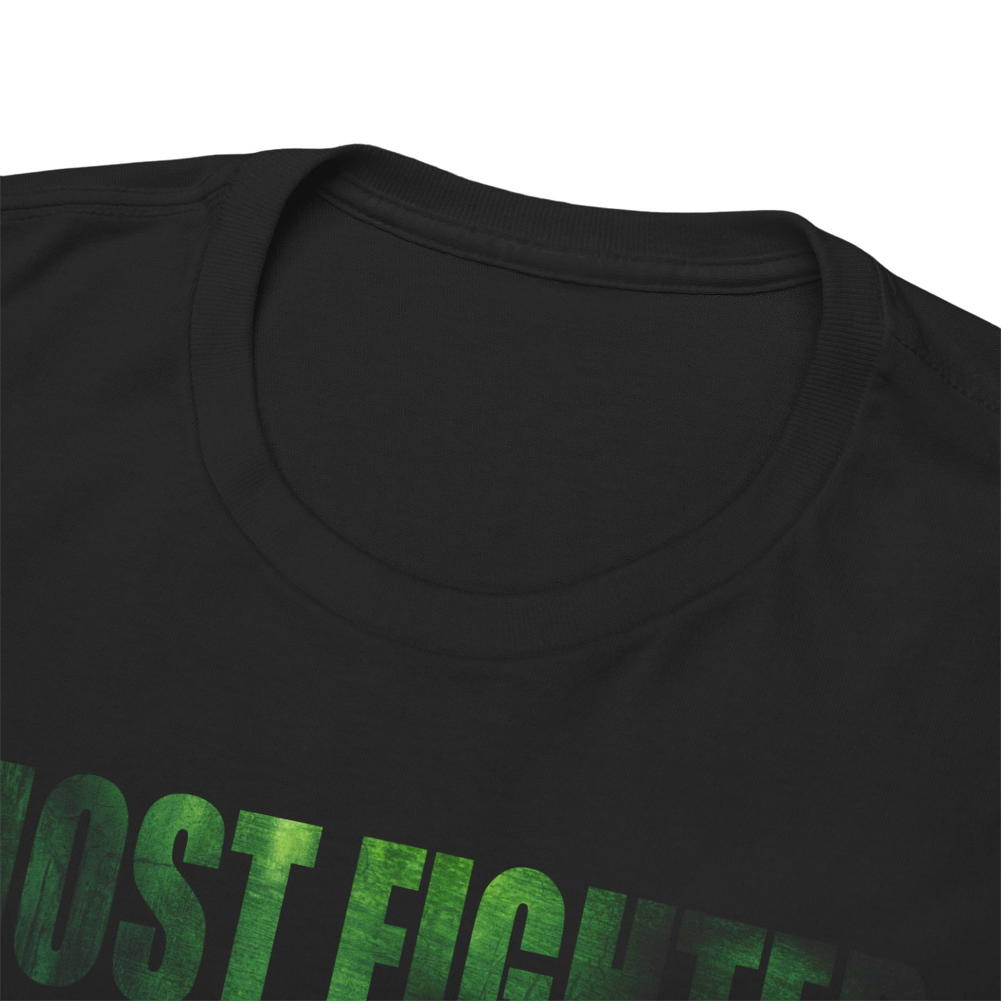 Close-up view of the neckline of a Ghost Fighter T-shirt, showcasing the intricate design and luxurious soft fabric texture.