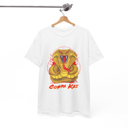 Chic Cobra Kai t-shirt elegantly displayed on a hanger, featuring a prominent yellow snake design, perfect for stylish athletic wear.