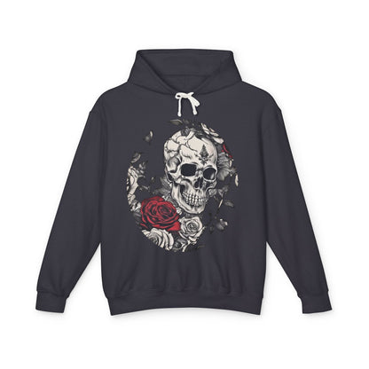 Stylish unisex lightweight hooded sweatshirt with a unique designer skull and roses illustration in a deep navy.