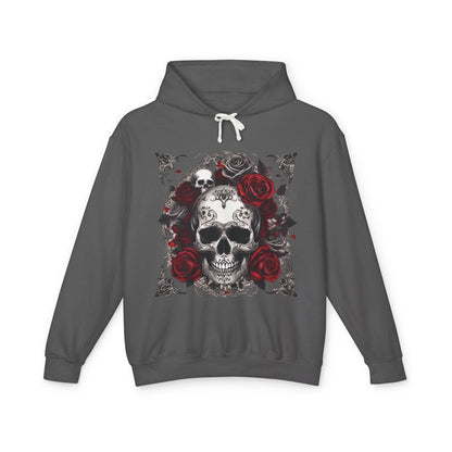 Unisex Lightweight Hooded Sweatshirt with a striking skull and roses design, showcased in an elegant dark grey hue, ideal for trendy wardrobes.