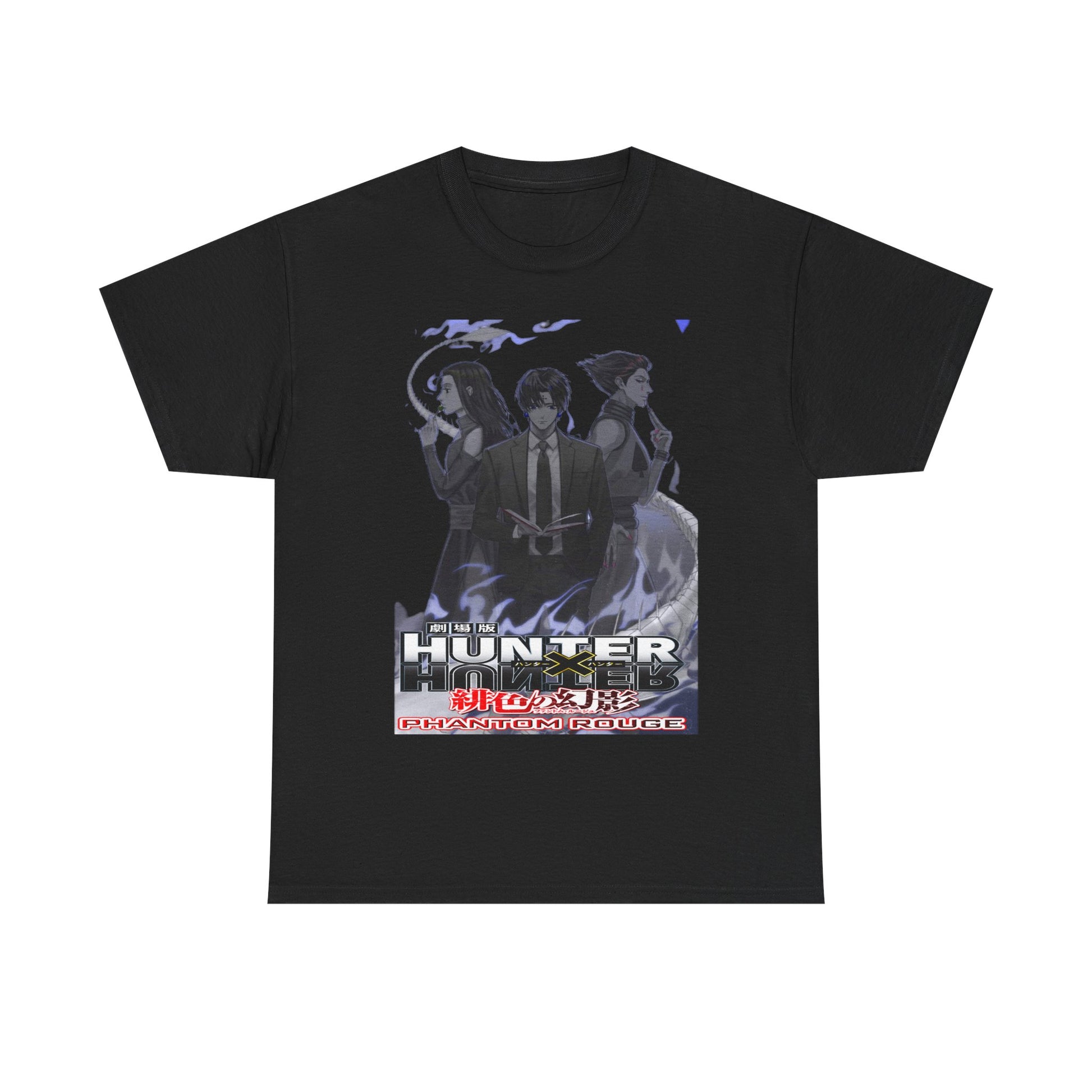 Luxurious Hunter x Hunter Phantom Rouge inspired T-shirt featuring iconic characters in striking grayscale on a jet-black background, designed for anime enthusiasts.