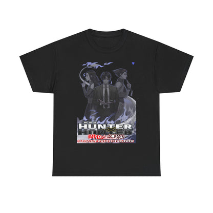 Luxurious Hunter x Hunter Phantom Rouge inspired T-shirt featuring iconic characters in striking grayscale on a jet-black background, designed for anime enthusiasts.