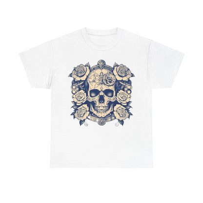 Skulls and Roses Cotton Tee, featuring intricate steampunk skull design surrounded by beautiful roses, exuding luxury and unique style.