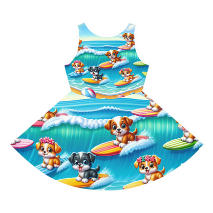 Lulu Bellefonte Girls Sundress with a striking surfing pups theme, designed for summer joy, displaying cheerful puppies on surfboards amid ocean waves and colourful beach elements.