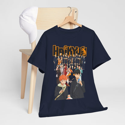Refined Haikyuu!! T-Shirt paired with a fashionable cap on a wooden chair, showcasing the shirt’s luxurious style and vibrant anime design.