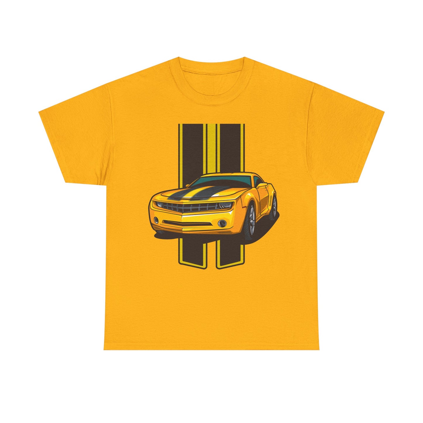 Elegant yellow T-shirt showcasing a vibrant neon yellow Camaro illustration with sleek black accents, ideal for a stylish casual look.