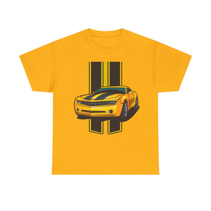 Elegant yellow T-shirt showcasing a vibrant neon yellow Camaro illustration with sleek black accents, ideal for a stylish casual look.