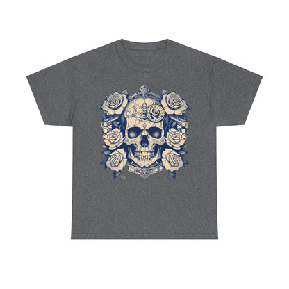 Premium dark heather Skulls and Roses Cotton Tee highlighting a chic graphic of skulls and roses, a statement piece for fashion-forward individuals.