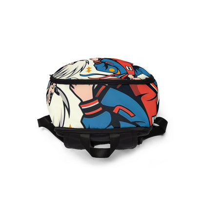 Lifestyle image of a fashionable individual carrying the Contemporary Cartoon Fusion Backpack by Dazzling Dreams Studio, highlighting its playful design and luxurious elegance.