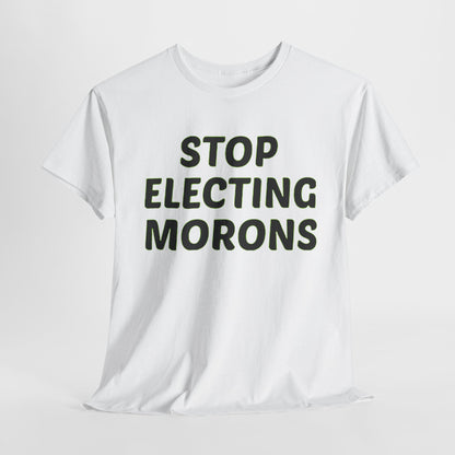 Elegant white graphic t-shirt displaying the statement 'Stop Electing Morons', tailored for both men and women, perfect for making a chic political statement.