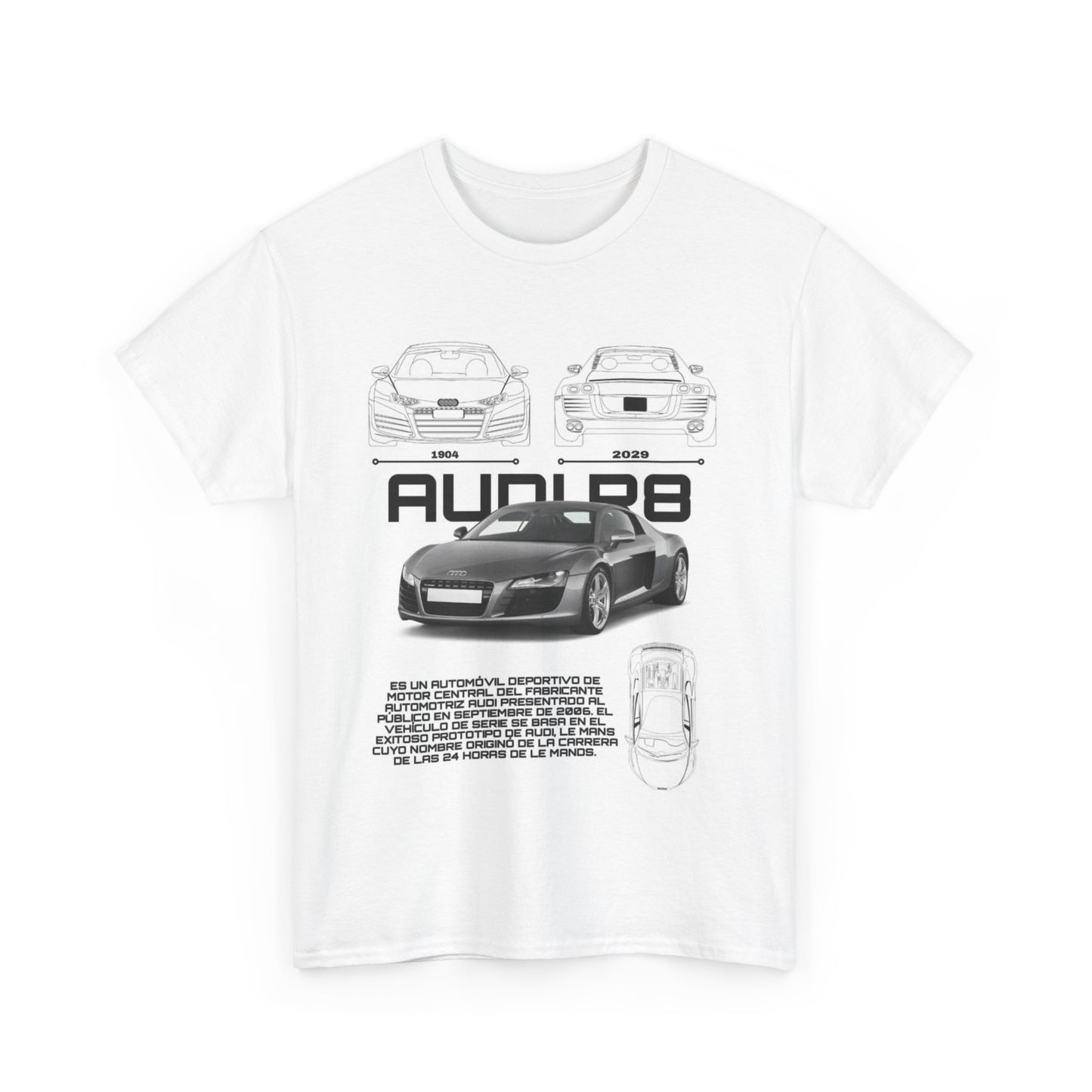 Front view of the iconic R8 Blueprint T-Shirt in white, featuring artistic depictions of the Audi R8 in blueprint style, a perfect blend of modern elegance and automotive passion.