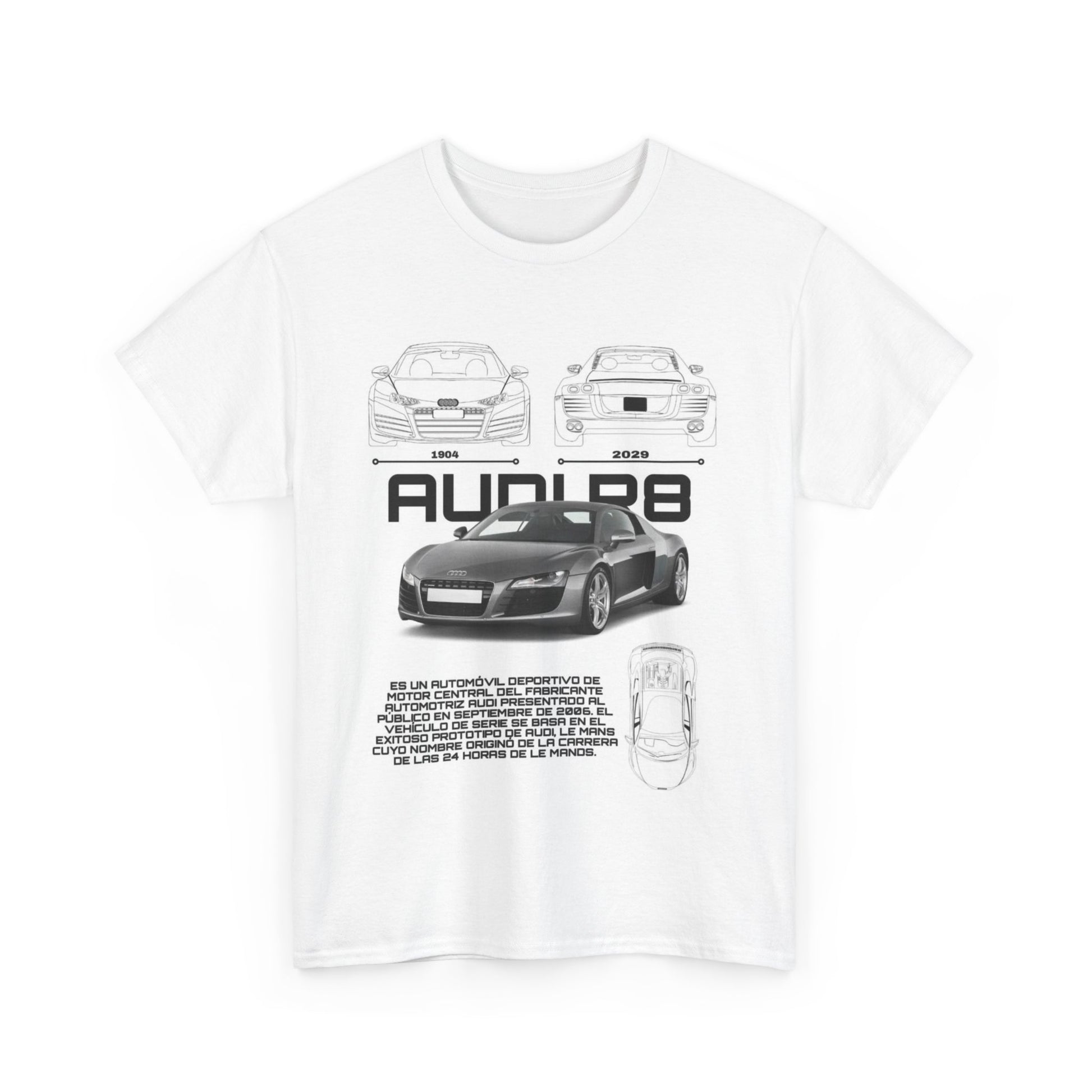 Front view of the iconic R8 Blueprint T-Shirt in white, featuring artistic depictions of the Audi R8 in blueprint style, a perfect blend of modern elegance and automotive passion.