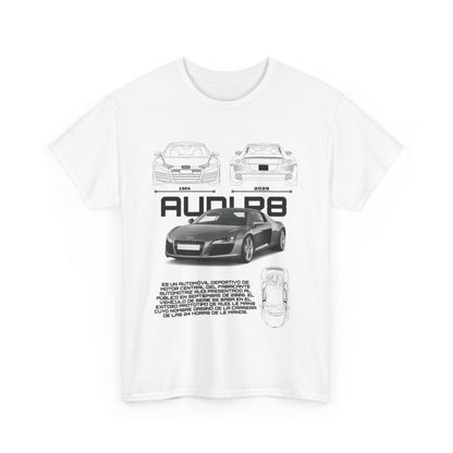 Front view of the iconic R8 Blueprint T-Shirt in white, featuring artistic depictions of the Audi R8 in blueprint style, a perfect blend of modern elegance and automotive passion.