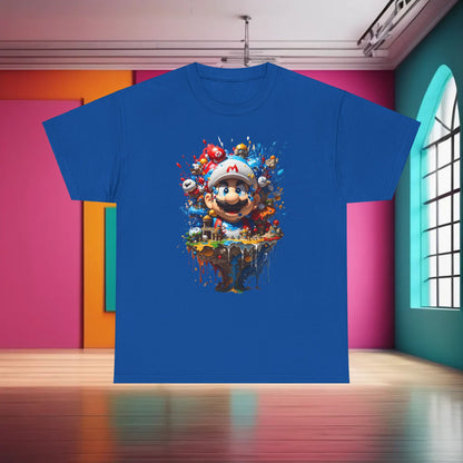 M a r i o ' s Colorful Adventure Graphic T-Shirt in blue, elegantly featuring an illustration of Mario with colourful elements that evoke joy and nostalgia, ideal for casual wear.