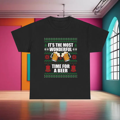 Elegant display of a Christmas Xmas Beer Graphic T-Shirt showcasing the phrase "It's the Most Wonderful Time for a Beer," adorned with festive designs, set against a vibrant artistic background.