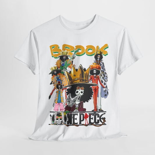Luxurious white t-shirt featuring a vibrant collage of Brook characters from the anime, adorned with intricate details and bold colours, showcasing a unique and stylish design perfect for anime enthusiasts.