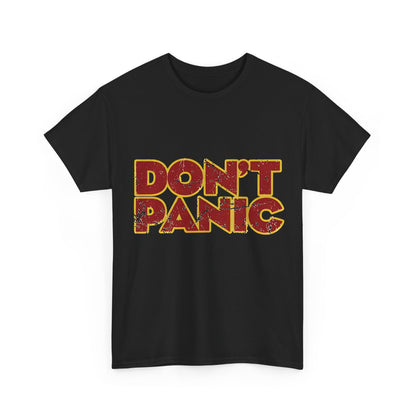 Elegant Dont Panic Hitch Hikers Guide Graphic T-Shirt in black, ideal for discerning fans of geek culture, blending luxury and whimsy.