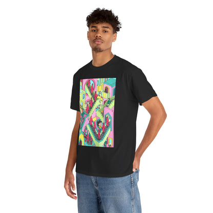 Luxury unisex graphic t-shirt featuring a vibrant design inspired by a game competition, showcasing intricate illustrations of characters and vivid colours, ideal for fashion-forward individuals.