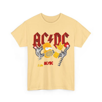 Homer Rock & Roll Unisex Cotton Tee Graphic T Shirt displaying a dynamic illustration of Homer Simpson capturing the essence of rock with AC/DC elements on a luxurious yellow background.