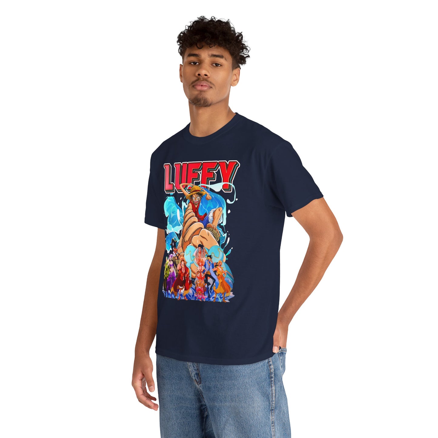 Elegantly styled model showcasing a navy blue men's t-shirt with a vibrant Luffy graphic, paired with casual denim for a chic, relaxed look.