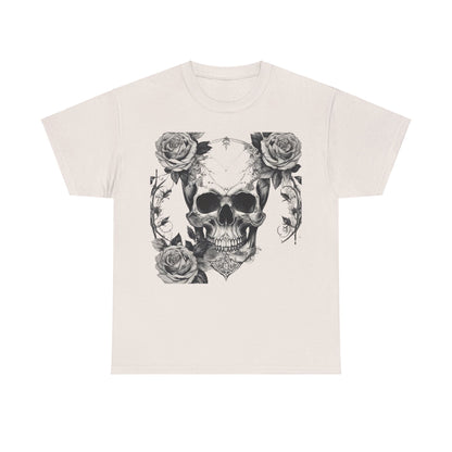 Stylish Skulls and Roses Cotton Tee laid out, highlighting a bold skull and roses print that embodies alternative aesthetics.
