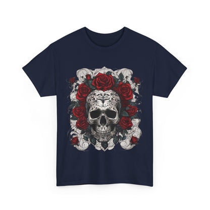 Front view of the Skulls and Roses Cotton Tee, featuring a striking steampunk-inspired skull graphic surrounded by elegant roses.