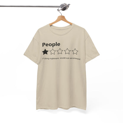 Luxurious unisex beige t-shirt featuring bold black print reading 'People' with a unique star rating design. Perfect for making a statement with a touch of humour.