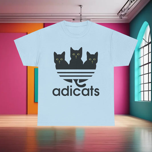 Adicats Logo Graphic T-Shirt in vibrant light blue, showcasing an artistic print of three cheerful black cats. A must-have streetwear piece crafted from premium cotton for a chic leisure look.