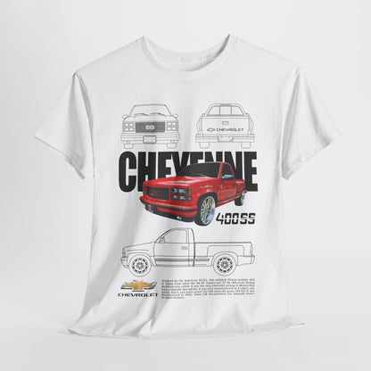 A dynamic view of the Chevrolet Cheyenne men's T-shirt, highlighting intricate line drawings and a striking red pickup truck, perfect for automotive enthusiasts.