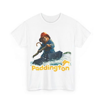 Front view of the Paddington Bear in Peru Graphic Unisex T-Shirt – Premium Adventure Art Tee, featuring Paddington Bear in a blue coat and red hat, navigating through water.