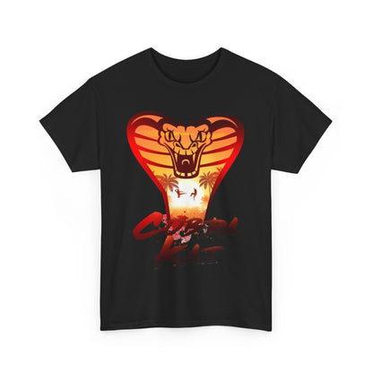 Elegant unisex Cobra Kai graphic t-shirt showcasing a dynamic cobra emblem and sunset design, ideal for stylish martial arts enthusiasts.