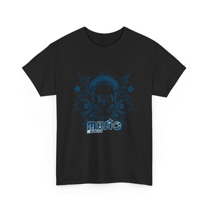 Front view of a luxury black t-shirt featuring a vibrant skull graphic with headphones, ideal for music enthusiasts.