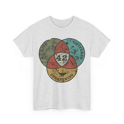 The Hitchhiker's Guide to the Galaxy 42 Graphic Unisex Tee Shirt featuring a vintage-inspired design with a Venn diagram displaying 'LIFE', 'UNIVERSE', and 'EVERYTHING' along with the iconic answer '42'.
