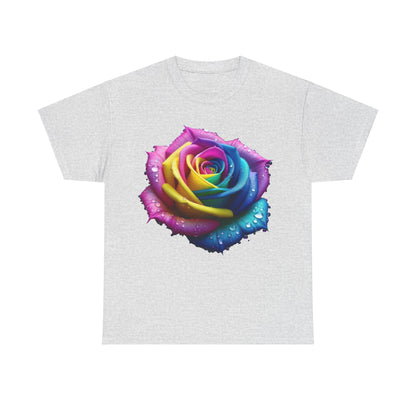 Close-Up of a Rainbow Rose Unisex Cotton Tee Graphic T Shirt Unisex showcasing a beautiful rainbow rose detail with droplets, set against a light grey background.