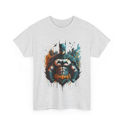 Unleash the Power of Gotham: Batman Graphic Unisex Tee showcasing Batman in a striking pose with a vibrant urban backdrop, perfect for stylish superheroes.