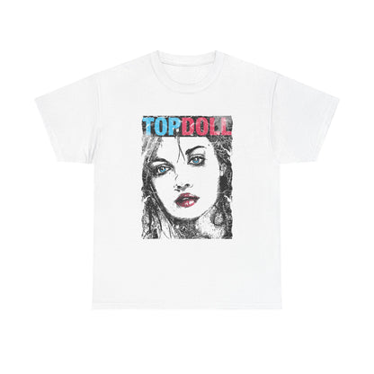 Luxurious vintage-style men's t-shirt featuring an exquisite graphic of a confident woman with striking blue eyes, adorned with the phrase 'TOP DOLL' in bold colours, set against a pristine white background.
