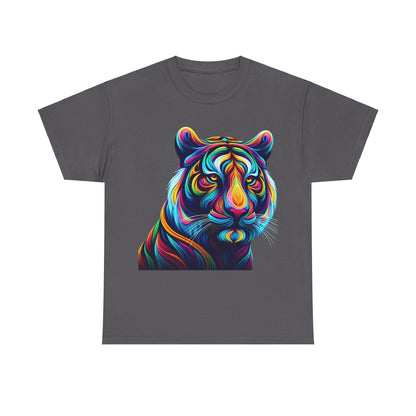 Stylish Tiger's Whimsy Graphic Unisex T-Shirt with a vibrant kaleidoscope tiger illustration, ideal for discerning fashion enthusiasts.