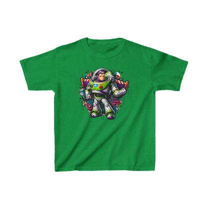 Childs Buzz Lightyear Graffiti Unisex Graphic Tee Shirt Kids in vibrant green, featuring a dynamic graffiti-inspired design of Buzz Lightyear, perfect for aspiring space rangers.