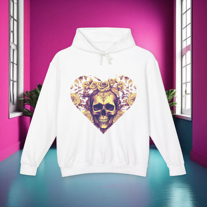 Luxury Skull and Roses Lightweight Hoodie in white, featuring a striking skull and floral design, perfect for edgy, stylish fashion.